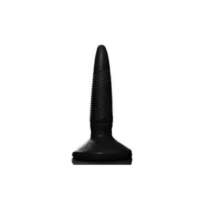 A imagem mostra um plug anal de silicone, na cor preta, formato de cone com estrias horizontais. Medidas 12cm x 2,5cm